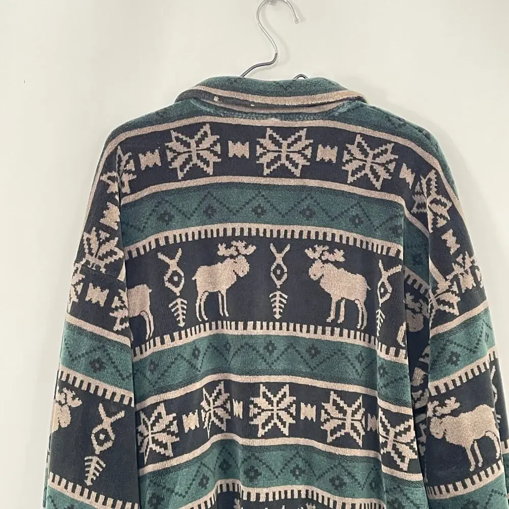 Norm Thompson Velour Pullover Moose Fair Isle 1/2 Zip Sweatshirt Shacket Large - Picture 9 of 12